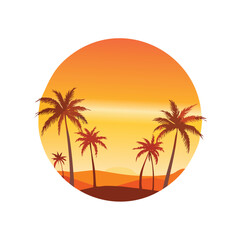 Fototapeta premium Sunset over palm trees silhouettes on a tropical island with orange and yellow sky