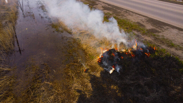 A high-angle drone shot capturing a controlled burn or accidental fire of dry grass in a ditch alongside a paved rural road