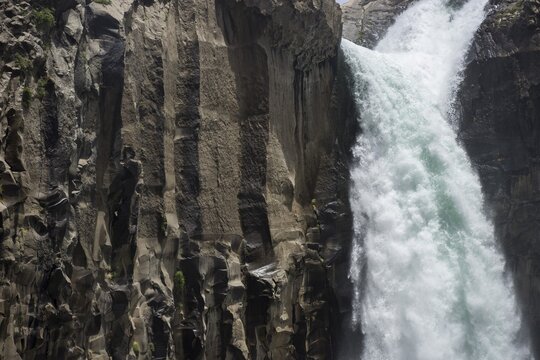 Basalt walls with waterfall Salto de Arco Iris, Maule Valley, San Clemente, Maule, Chile