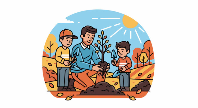 A father and two sons plant a tree in autumn
