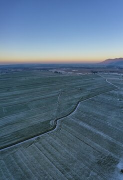 Drone shot, fields with hoarfrost, near Kochel, Alpine foreland, Upper Bavaria, Bavaria, Germany