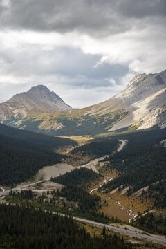 View of mountains Mount Wilcox and Nigel Peak and Wilcox Pass in autumn, Parker Ridge, Sunwapta Pass, Icefields Parkway, Jasper National Park National Park, Canadian Rocky Mountains, Alberta, Canada