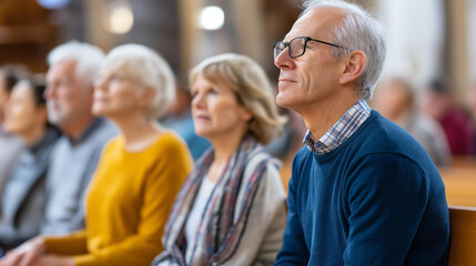 Fototapeta premium People attending a religious service seated together in a church, community faith gathering concept, worship photography, defocused background, with copy space