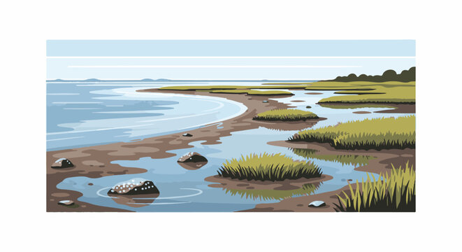Pixelated marshland scene with calm water, grassy islands, and distant shore
