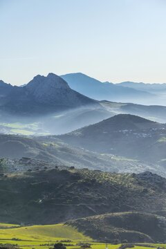 Hilly green mountain landscape, Sierra de las Cabras, province of Albacete, Andalusia, Spain