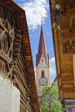 Steeple of the parish church of St. Valentine, Nauders, Tyrol, Austria