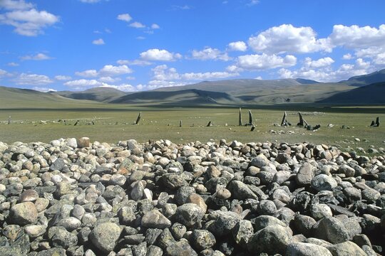Funeral steles or deer stones, Sagsai river prehistoric burial site, Altai Mountains, Bayan-Olgii Province, Mongolia