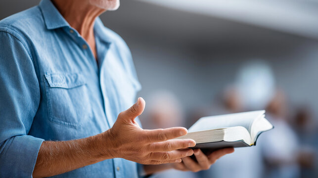 Man holding a Bible and preaching with a hand gesture during a Christian church service, worship and praise concept, religious leadership photography, with copy space