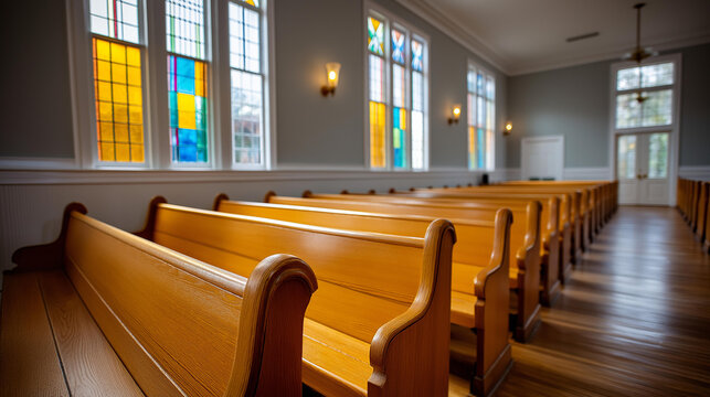 Bright church interior with glowing stained glass windows behind rows of wooden pews, welcome message overlay concept, newcomer outreach photography, with copy space