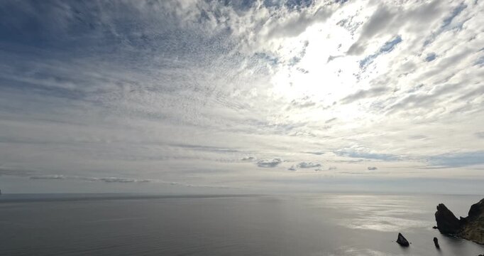 Clouds ocean seascape timelapse vast water horizon under dynamic sky and rocky cliffs