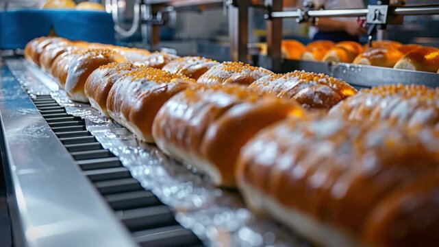 Freshly baked golden-brown bread rolls, topped to perfection, are aligned on a conveyor belt in an active bakery, ready for automated packaging and efficient distribution