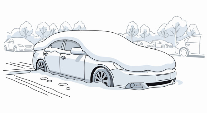 Car buried in snow with tracks visible in foreground and other vehicles behind