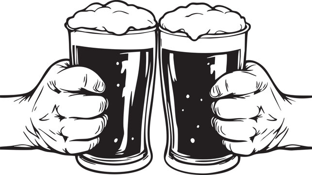 Illustration of two hands clinking glasses of beer, perfect for marketing, advertising, or lifestyle concepts.