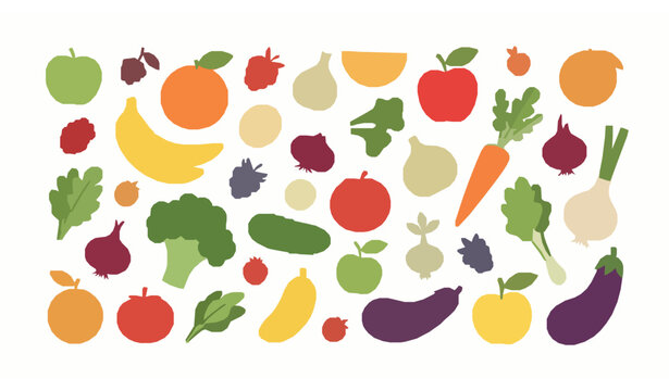 Colorful fruit and vegetable collection flat cartoon vector large food set isolated on white