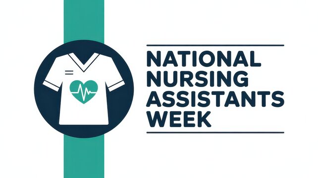National Nursing Assistants Week celebration, graphic with scrubs icon and heart with EKG line