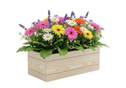 Vibrant flowers in a wooden planter box on transparent background