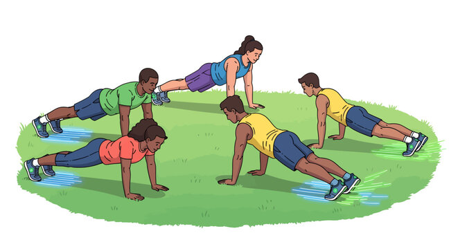 people doing push ups on grass outdoors fitness exercise