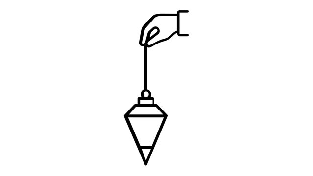 Minimalist vector icon illustration of a hand holding a plumb bob tool for vertical alignment and precision. Scalable black line art representing construction, engineering, and masonry work.