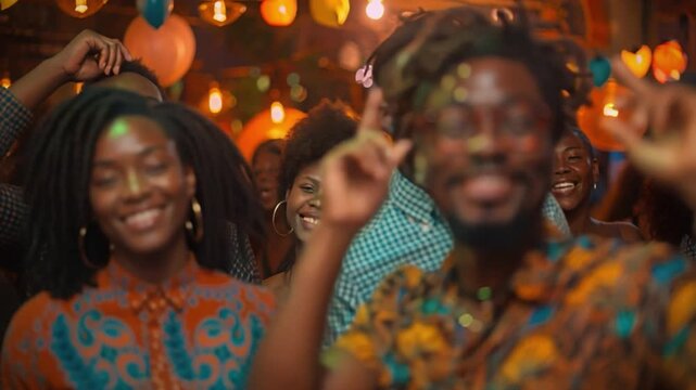Friends dance together in unison, bathed in a kaleidoscope of vibrant lights at the lively gathering, their joyful energy harmonizing with the upbeat music and infectious party atmosphere