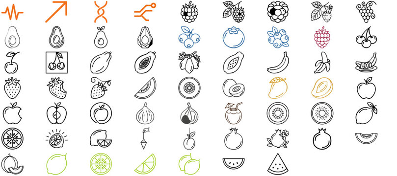 Mega Set of 61 Minimalist Fresh Fruit Vector Icons, Flat Line Art Collection Featuring Strawberry, Avocado, Banana, Raspberry, Cherry, Blueberry, Papaya, Mango, Grapes, and Healthy Food Symbols.
