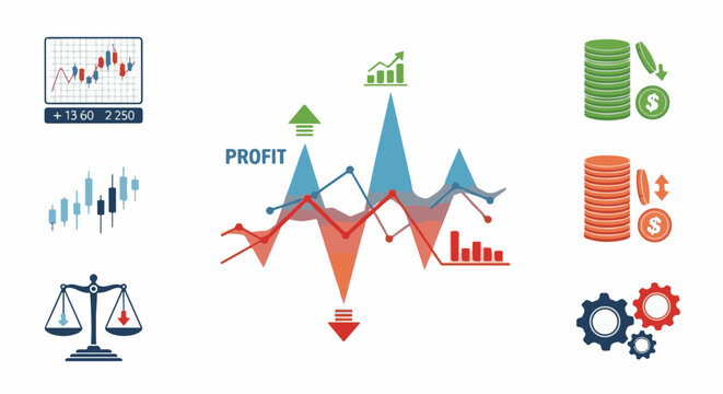 Financial growth illustrated with charts, graphs, coins, and gears