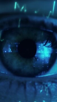 Vertical video: Projecting cyan holo overlay, single human eye holding open in dim lab for scan