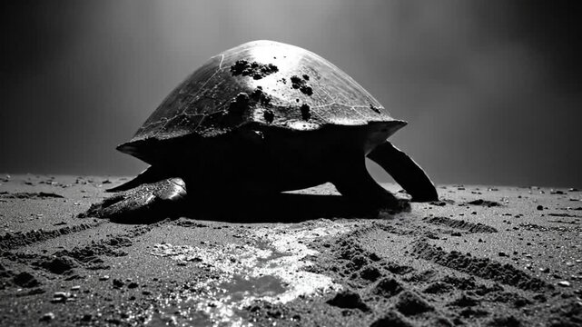 Monochrome sea turtle crawls on sandy beach in dramatic lighting with water and textured surface