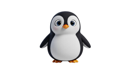 Fototapeta premium A cute, cartoon-style penguin with big blue eyes and a plump body stands on its feet against a black background, appearing friendly and approachable.