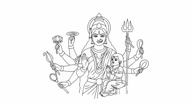Mythical multi-armed deity with child, holding symbolic objects