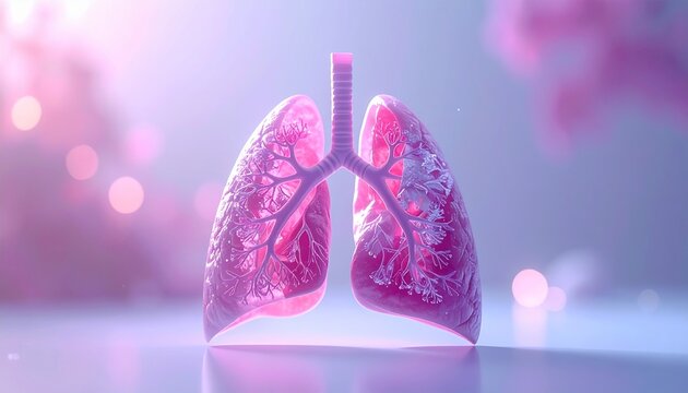 Human lungs with trachea and bronchi, glowing pink and purple, medical illustration