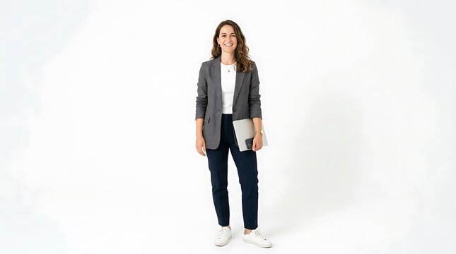 Confident businesswoman holding laptop, smiling in smart casual outfit, isolated on white background, representing modern corporate lifestyle.