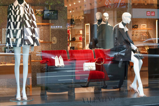 TOKYO, JAPAN - September 9, 2021: Display in the window of a Valentino store in Tokyo's Ginza area.