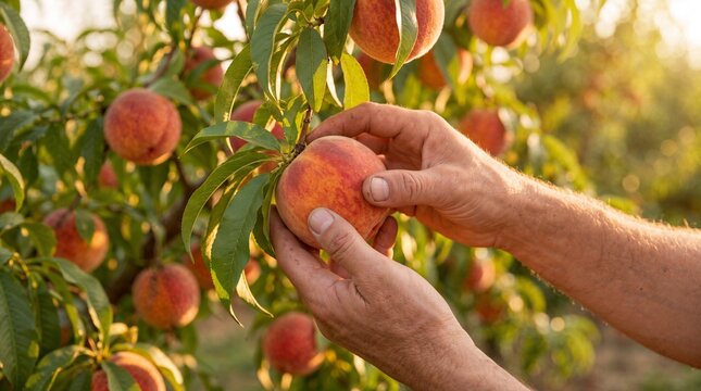 Hands picking a ripe peach from tree.