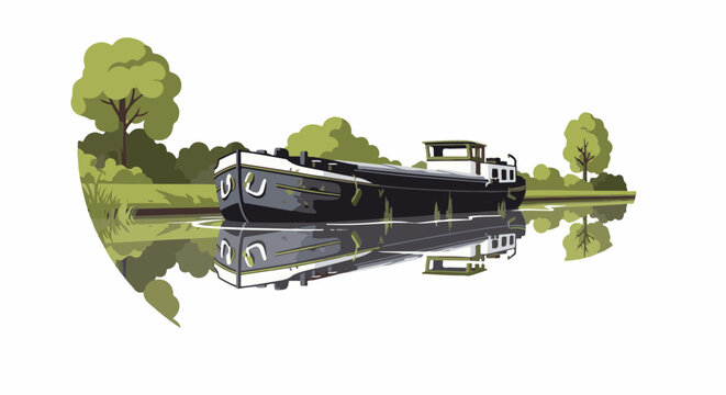 Dark canal barge floats on serene water, reflecting lush greenery