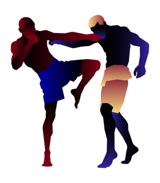 Dynamic silhouette of two fighters engaged in a Muay Thai match, featuring a powerful knee strike and punch exchange with a vibrant color gradient.