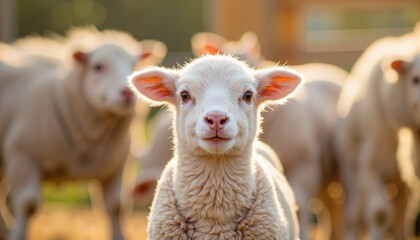 Fototapeta premium Curious lamb gazing in sunny pasture, farm life beauty