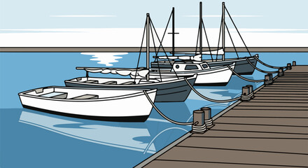 Fototapeta premium Four boats docked at a wooden pier on a clear day with calm water