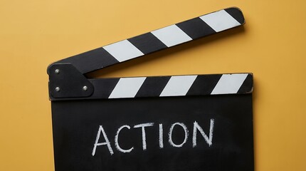 Naklejka premium A classic black film clapperboard with white stripes is open displaying the word ACTION written in chalk on its surface set against a plain yellow backdrop movie cinema Hollywood