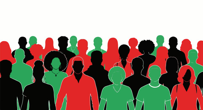Diverse crowd of people in red, green, and black silhouettes against white background