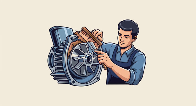 Mechanic cleaning industrial pump impeller with brush and tool