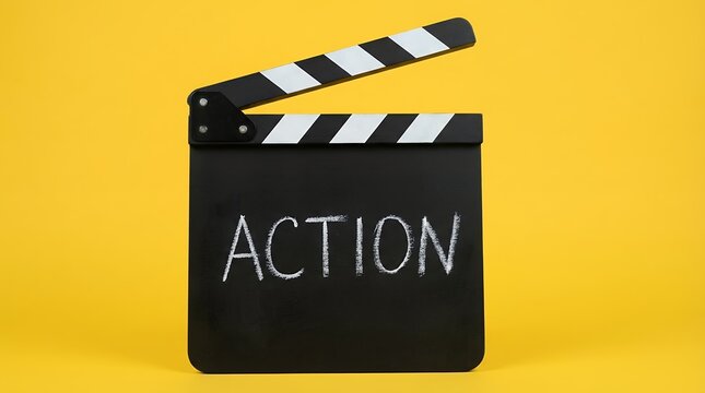 A black movie clapperboard with the word ACTION written in chalk on its surface is positioned against a vibrant yellow background film cinema production Hollywood scene slate
