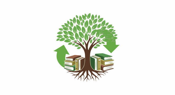 Green tree with roots and books, circular arrows