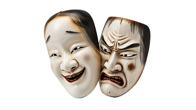 Traditional Japanese noh theater masks with happy and angry faces isolated on transparent background PNG