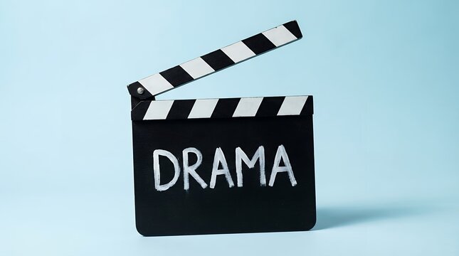 A black movie clapperboard with white chalk writing DRAMA stands open against a plain soft blue backdrop suggesting theatrical or cinematic themes film theatre entertainment