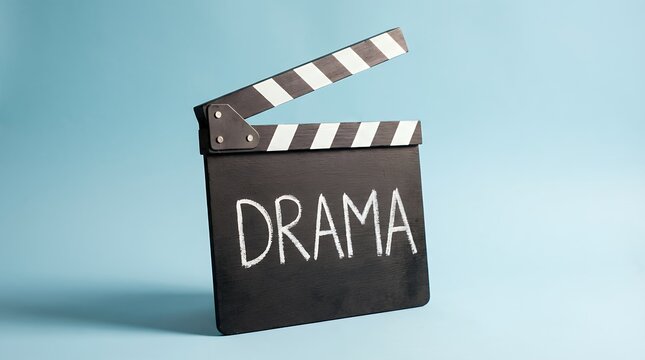 A black movie clapperboard with white stripes on its hinged stick displaying the word DRAMA written in chalk on its surface cinema film filmmaking Hollywood production entertainment