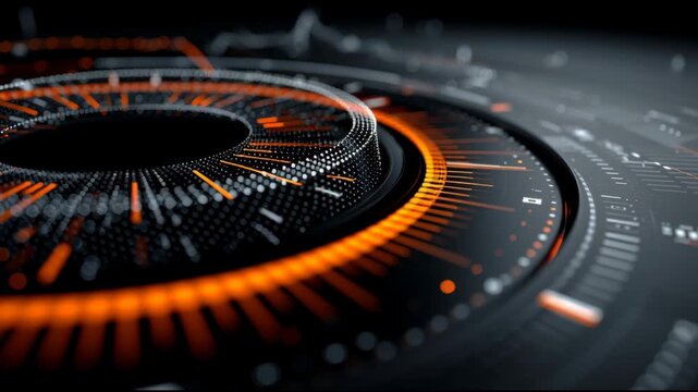 Futuristic circular interface displaying glowing orange data. Abstract animation of a high tech control panel or digital dashboard with spinning elements for data analysis