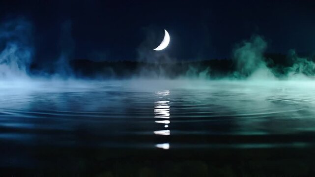 Chandra Darshana Crescent Moon Reflection Shimmering on the Rhythmic Ripples of a Dark Mirror Like Lake, Serene Nighttime Spiritual Water Landscape