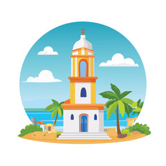 Obraz premium Tower illustration on beach with palm trees and sky in cartoon style