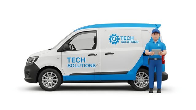 White Delivery Van with Tech Solutions Logo and Technician Holding Tablet in Uniform