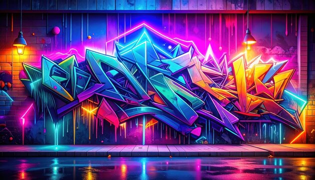 Colorful neon graffiti art on a brick wall, vibrant urban street scene